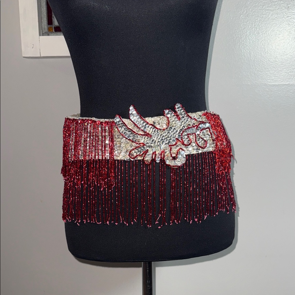 Vintage Beaded Burlesque Fringe Belt | Showgirl Stage Costume | Red & Silver